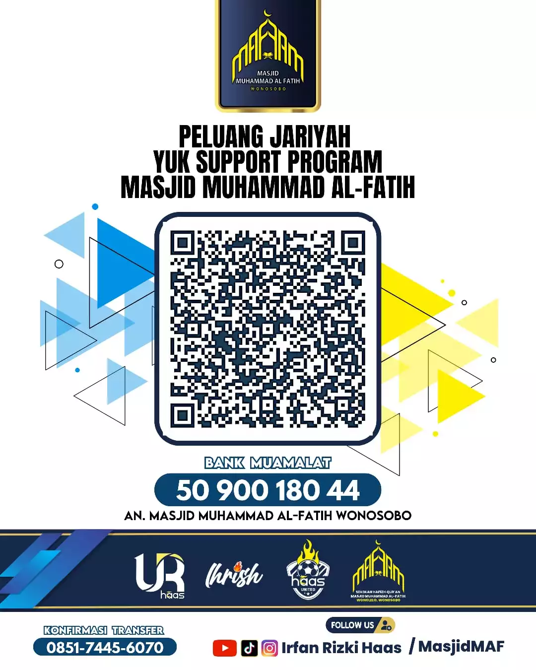 Nomor rekening Masjid Muhammad Al-Fatih Wonosobo Ustadz Irfan Rizki Haas.